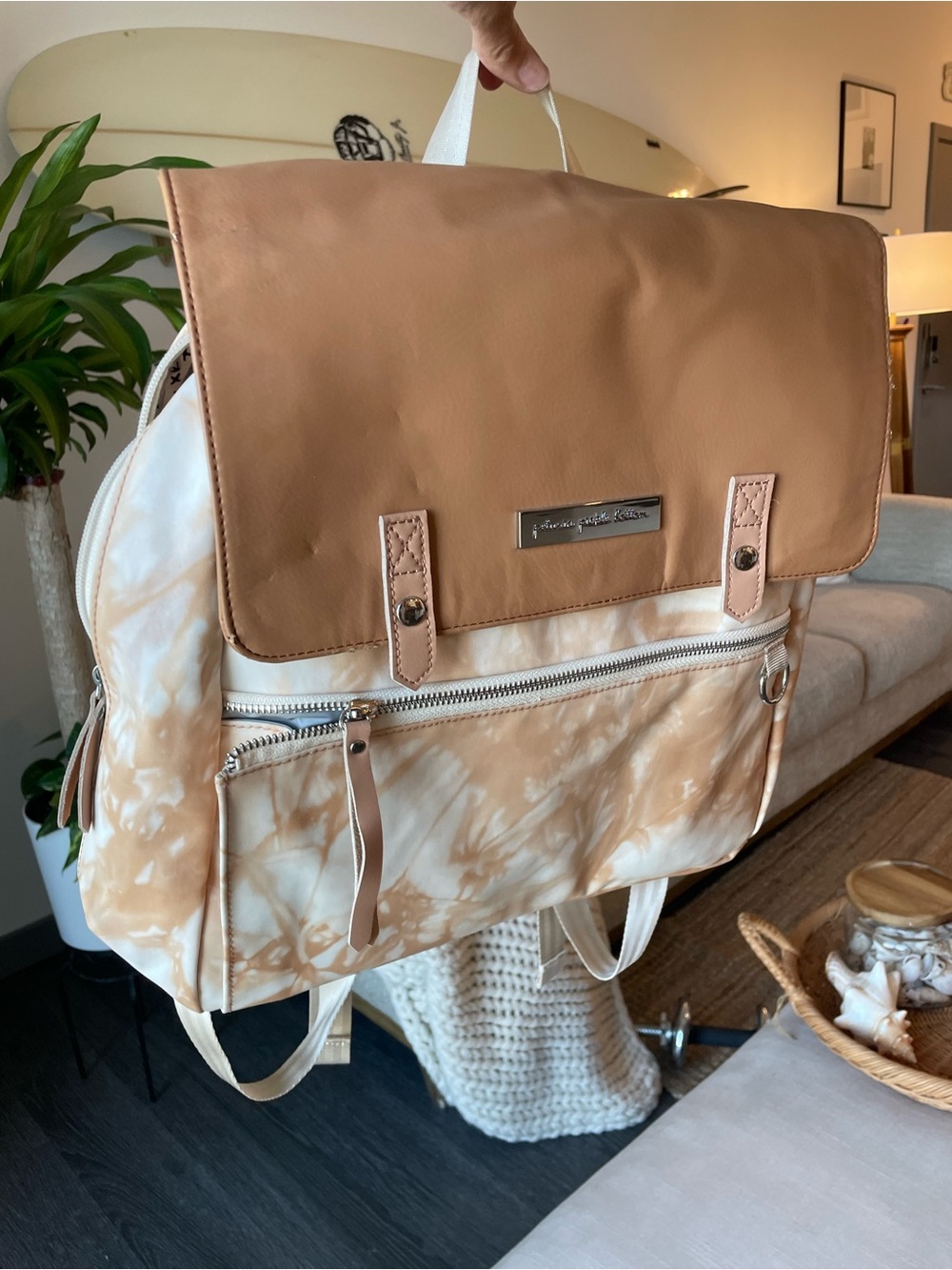 Petunia Pickle Bottom Tan and Cream Tie-Dye Baby Bag Backpack